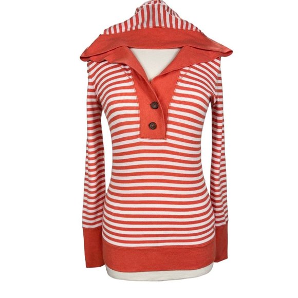 American Eagle Outfitters Tops - AMERICAN EAGLE OUTFITTERS | Orange Stripped Waffle Y2K Hooded Top | Women's L